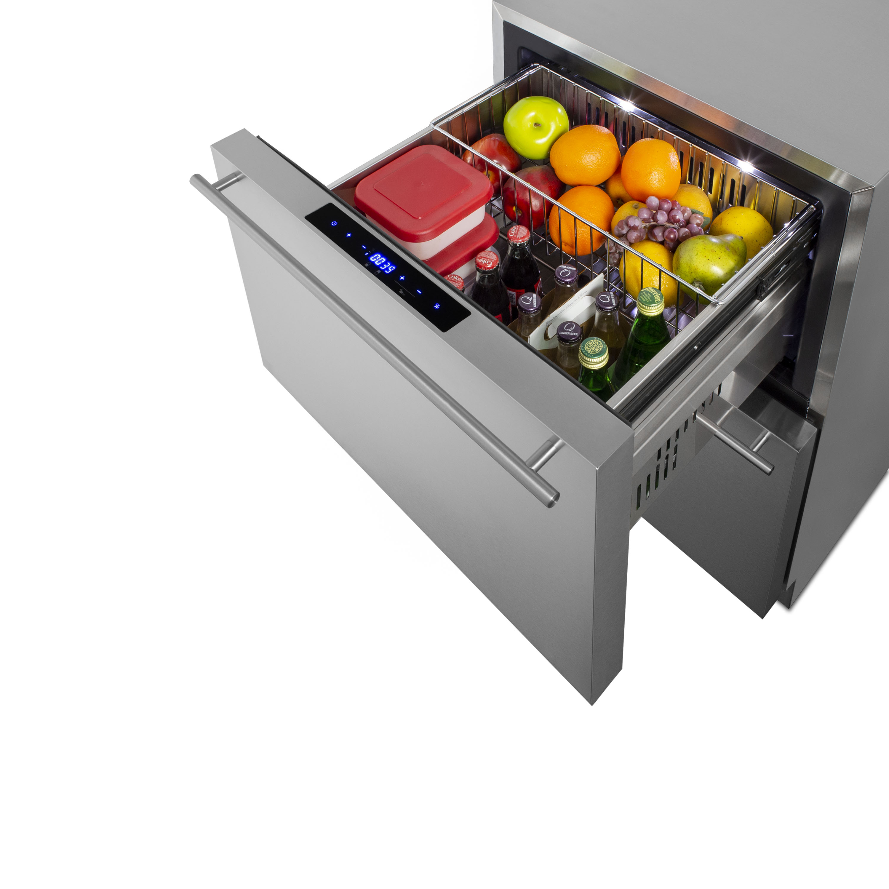 Two-drawer refrigerator-freezer for built-in or freestanding use, with digital thermostat, frost-free operation, panel-ready drawer fronts, and complete stainless steel construction